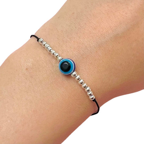 Pulsera Hilo Negro Ojito Protector Baño De Plata Ps 270-1 