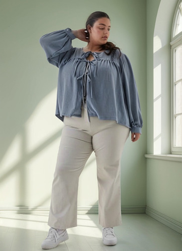 Blusa Con Broderi Mangas Largas - Talle Grande Especial
