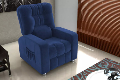 Poltrona Do Papai Azera Bege Vitrini Retrátil Reclinável Cor Azul-escuro Desenho Do Tecido Liso