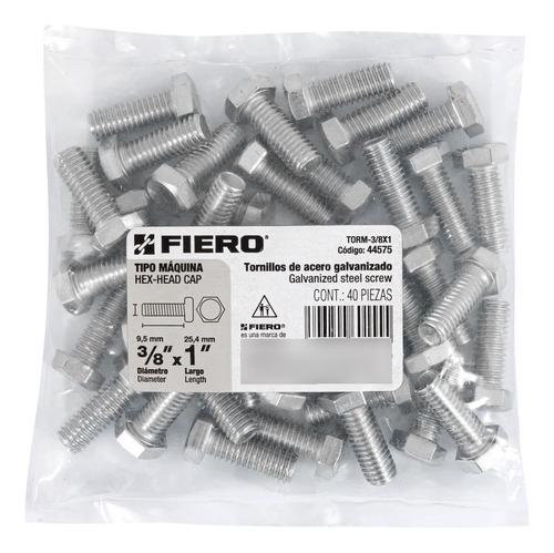 Tornillo Tipo Maquina 3/8'' X 1'' Hexagonal Metal 40pz 44575