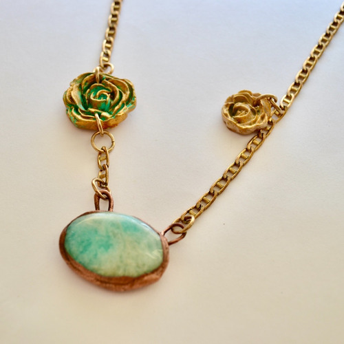 Imagen 5 de 10 de Collar De Flores Con Piedra Natural Amazonita, Bronce, Cod1