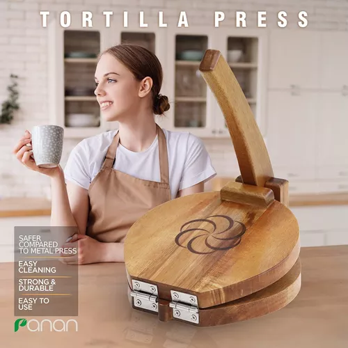 Prensa de tortilla mexicana de madera hecha de madera de acacia natural de  grado alimenticio, pataconera de madera grande con 50 piezas de papel