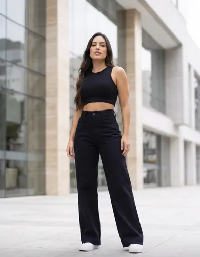 MLB 5291857244 Calca Pantalona Wide Leg Jeans Cintura Alta Feminina Preto JM