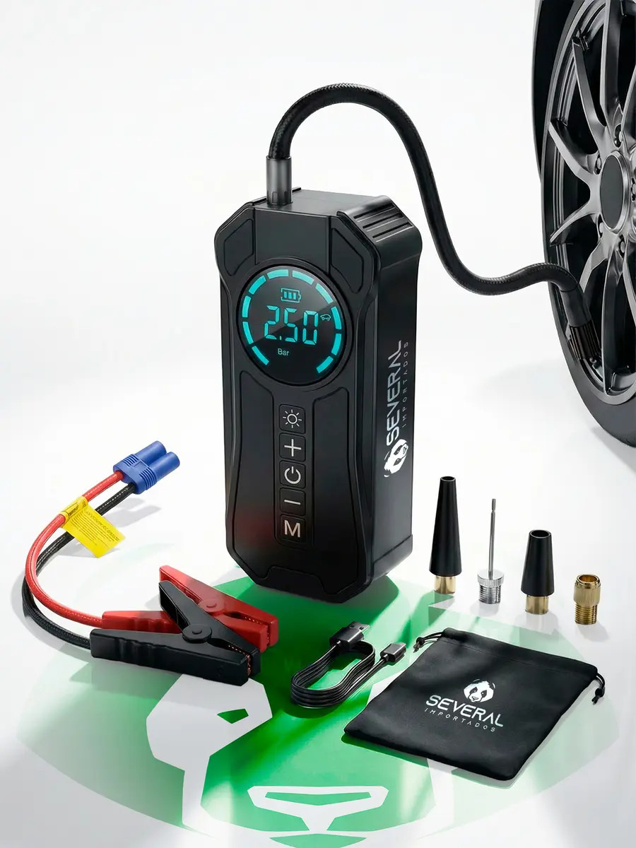 Auxiliar de Partida com Compressor de Ar Portátil para Carro e Moto