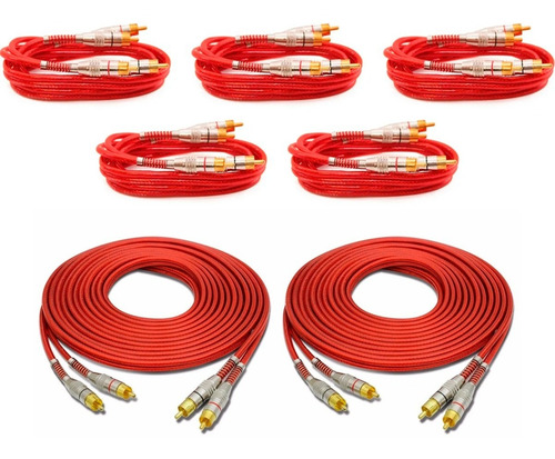 Kit 5 Cabos Rca 1 Metro + 2 Cabos 5 Metros Vermelho