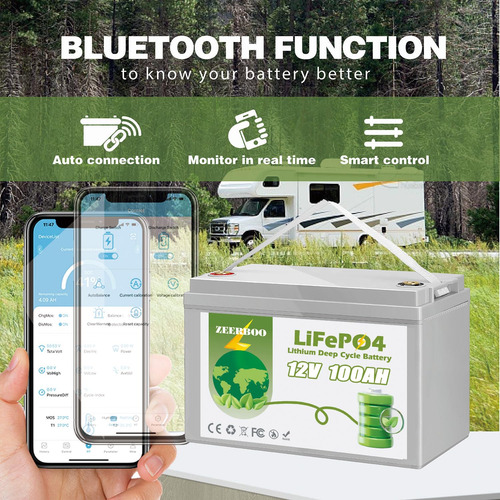 Batería De Litio Zeerboo 12v 100ah Lifepo4 Con Bluetooth 5.0