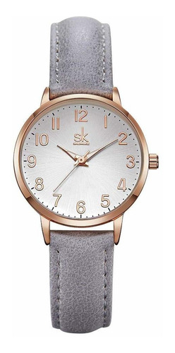 Reloj Mujer Shengke C1 Cuarzo 30mm Pulso Gris En Cuero