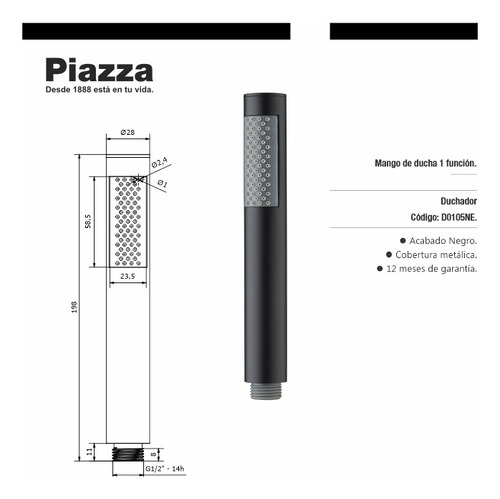 Duchador De Mano 1 Función Baño Mango Metal Piazza Negro