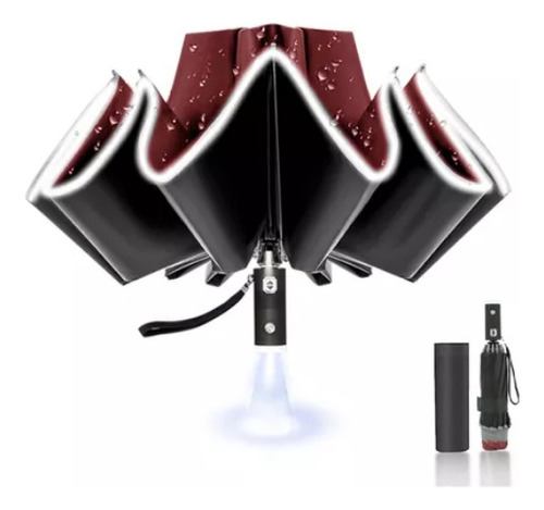 Paraguas Plegable Automático Inverso Sombrilla Anti Uv Led Color Rojo Diseño De La Tela Uv Y Tira Reflectante