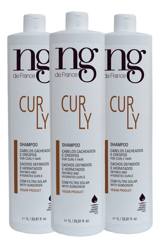 Kit 3 Shampoo Vegano Para Cachos Curly Ng De France 1000ml