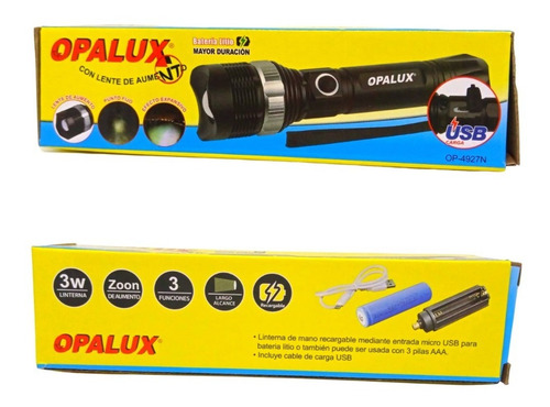 Linterna Táctica De Metal Recargable C/ Zoom Opalux Op-4927n