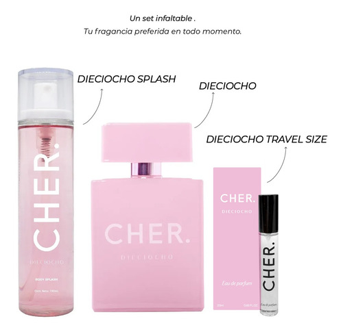 Imagen 3 de 7 de Set Perfume Mujer Cher Dieciocho + Talla 20 Ml+ Body Splash
