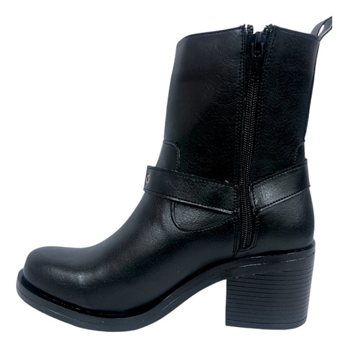 Botin Cierre Lateral Moda Biker Hebilla Tacón Ancho Urbanos