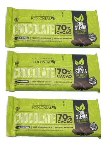 Chocolate Barra 70% Cacao Stevia Sin Tacc Colonial 100g X3