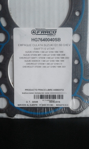 Imagen 2 de 4 de Empacadura De Camara Chevrolet Swift 1.6 Y Suzuki G1 6b
