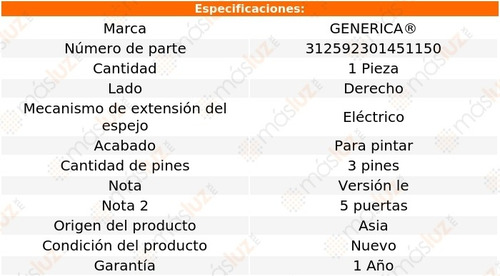 Espejo Der Elect P/pintar 3 Pines Toyota Avanza 12/19