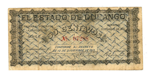 Billete Antiguo De 50 Cvs Del Edo De Durango 1913