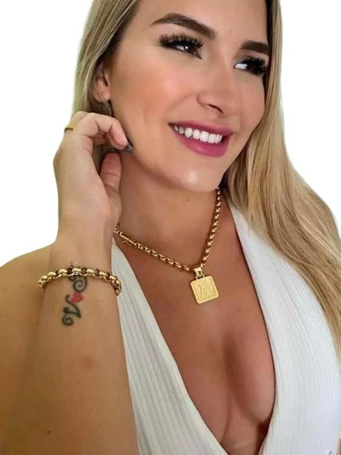 Kit Feminino 8mm Cordão Pulseira Ping Banhado Ouro Portugues