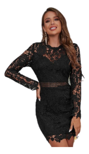 Vestido Negro Corto Ajustado Bordado Encaje Elegante Formal