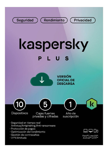 Imagen 1 de 5 de Kaspersky Antivirus Plus 10 Dispositivos Por 1 Año