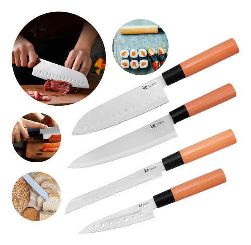 4 Facas Cozinha Santoku Inox Chef Pão Legumes Estilo Japão