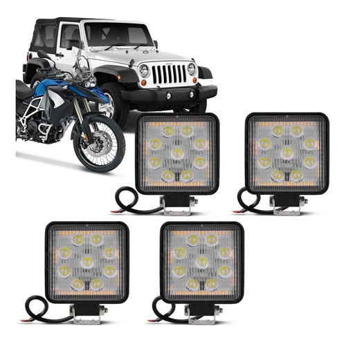 Kit 4x Farol Milha 9 Leds Quadrado 27w 12v Jeep Caminhão