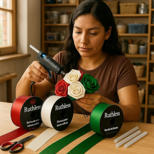Kit Listón Ruthless 3 Colores + Silicón Para Rosas Diy Rojo-blanco-verde Kit Ruthless