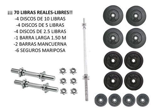 Kit 70 Libras En Discos + Barra Recta 1.50+ Barras Mancuerna