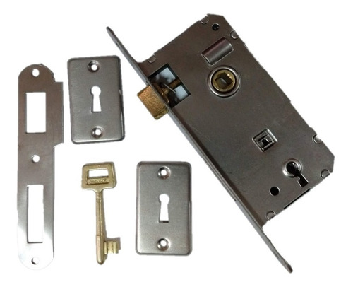 Imagen 2 de 8 de Combo N 3 Cerradura Reversible + Manija Picaporte Doble Balancín Acero Inoxidable Con Bocallave Para Puerta Placa