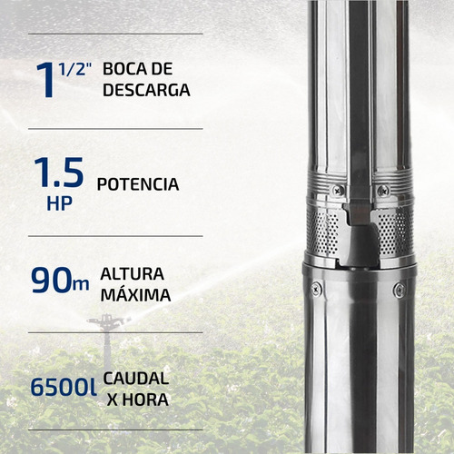 Imagen 3 de 10 de Bomba Sumergible Pozo 1,5 Hp 6500 L/h Napa 4 Pulgadas Cable