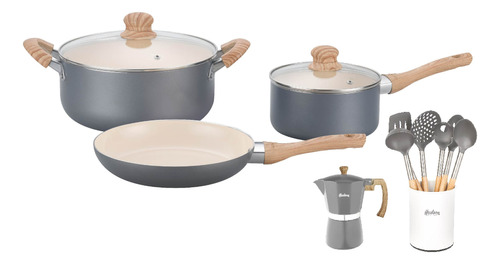 Set Ollas + Utensilios + Cafetera Italiana Linea Hudson