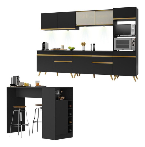 Cozinha Completa/bancada Americana Veneza Multimóveis Mp2199 Cor Preto/dourado