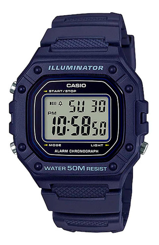 Reloj de pulsera Casio Youth W-218H de cuerpo color azul, digital, para hombre, fondo gris, con correa de resina color azul, dial negro, minutero/segundero negro, bisel color azul, luz ámbar y hebilla simple