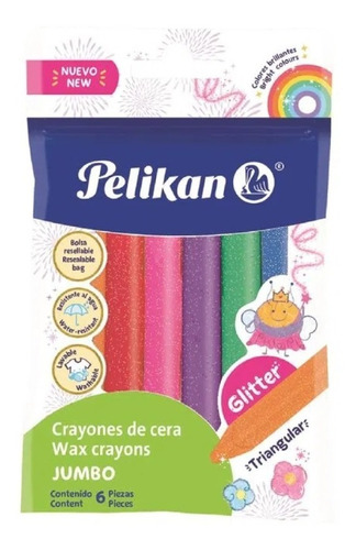 6 Crayones De Cera Jumbo Tonos Glitter Marca Pelikan