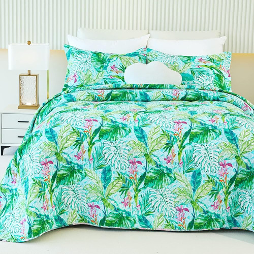 Evenhug Green Leaf Queen Quilt Set Cotton Tropical Palm Bed 