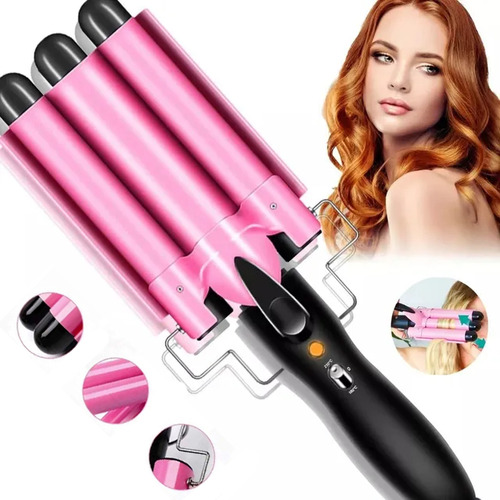 Waflera Triple Rizadora De Cabello Ondas Playeras Rosa