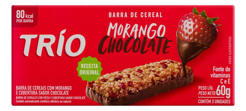 Pack Barra de Cereal Morango Cobertura Chocolate Trío Caixa 60g 3 Unidades