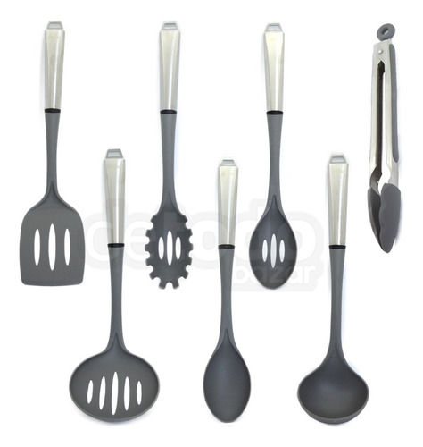 Set 7 Utensilios Nylon Mango Acero Hudson Para Teflón