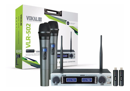 Microfone Vokal Vlr502 Uhf S/ Fio Duplo C Bat Recarregável