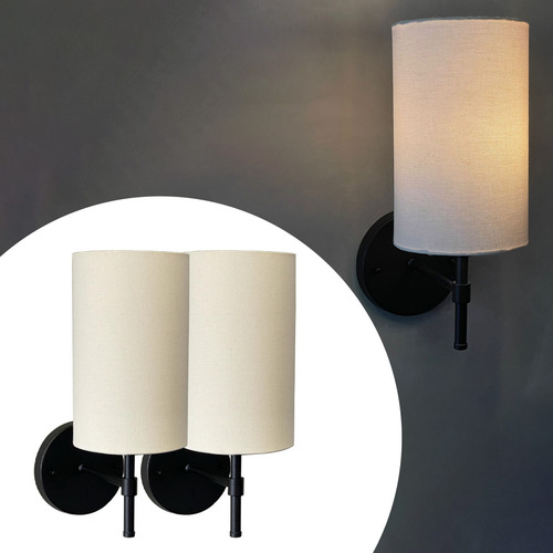 Kit 2 Arandela Preto Lateral De Cama / Quarto / Lavabo Em Aluminio Com Cupula Bege Tecido Algodao Soquete E27 Tensao 127/220V