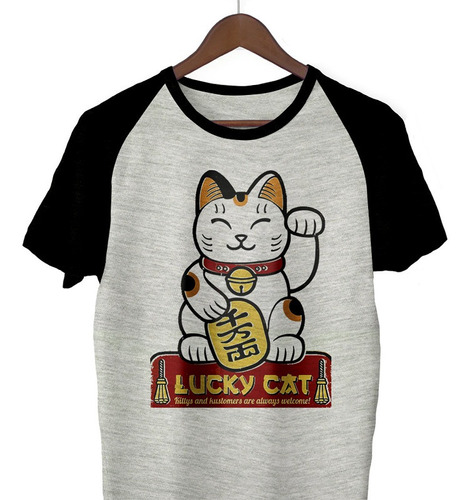 Remera Lucky Cat Diseño Exclusivo Gris Ranglan
