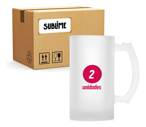 2 Caneca Chopp Vidro Jateada Fosca 500ml Resinada Sublimação