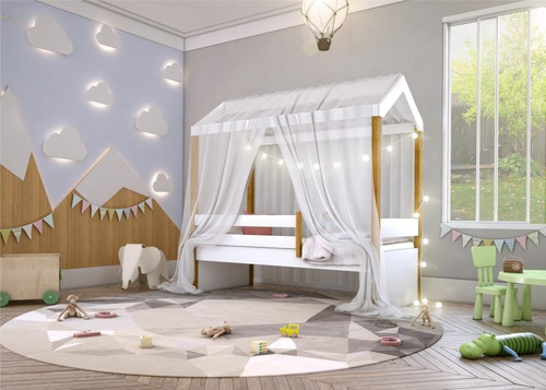 Cama Montessoriana Exclusiv Fio De Luz E Voal Branco
