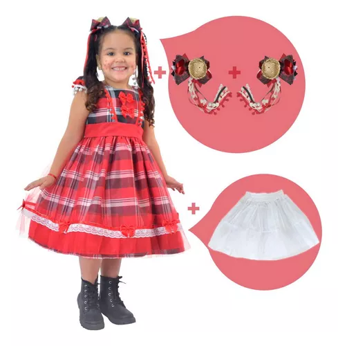 Kit Vestido infantil Festa Junina xadrez + saia filó + laço cabelo