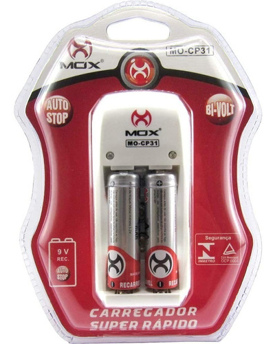 Carregador De Pilhas Mox-cp31 C/ 2 Pilhas Aa 2600 Mah