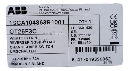 Transferencia Manual Abb Ot25f3c, 25a, 220vac 7.5hp
