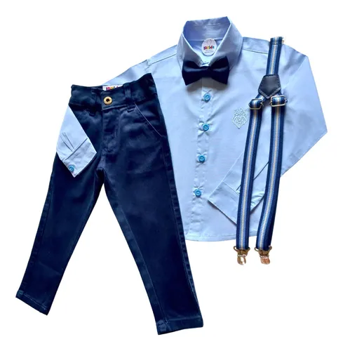 Roupa Conjunto Social Manga Longa Infantil Masculino Azul