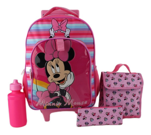 Mochila Escolar Minnie Mouse + Lonchera + Estuche + Botella