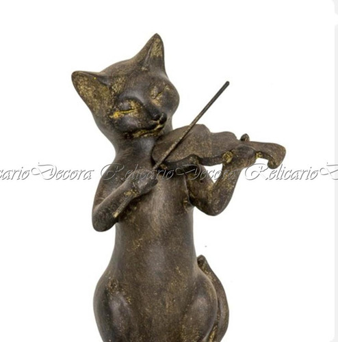 Escultura Decorativa Gato Tocando Violino Resina