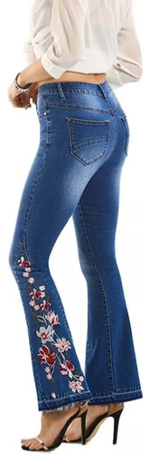 Women 3d Floral Embroidery Bell Flare Denim Jeans Trousers